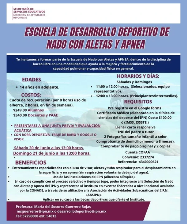 Escuela de desarrollo deportivos de Nado con Aletas y Apnea