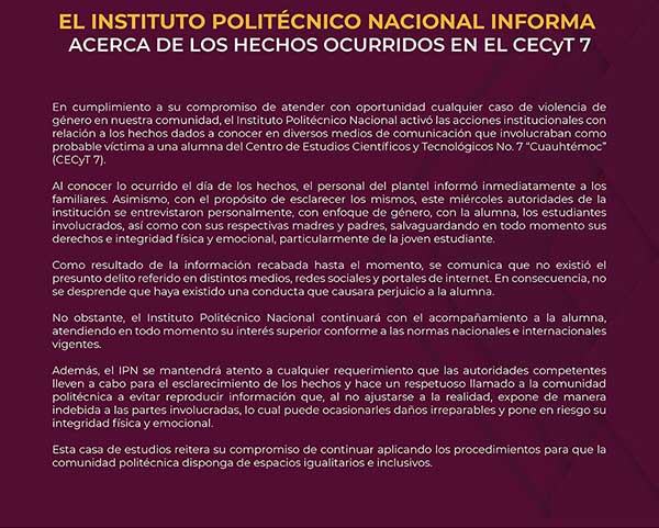 EL INSTITUTO POLITÉCNICO NACIONAL INFORMA ACERCA DE LOS HECHOS OCURRIDOS EN EL CECyT 7